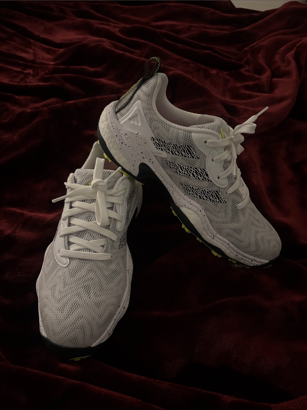 adidas White Athletic Running Shoes with Black and Lime Accents